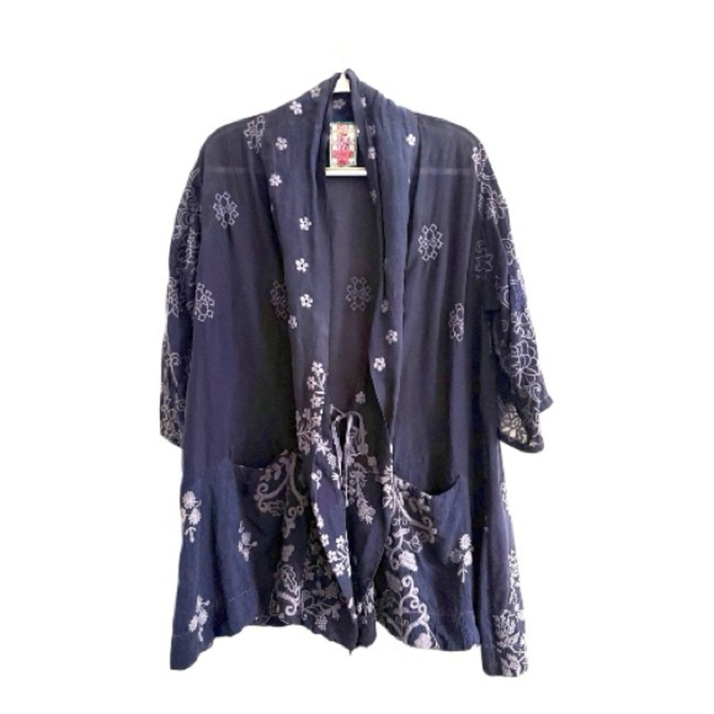 Johnny Was Embroidered Motley Embroidered Kimono Cardigan Navy Tonal Boho Jacket - Picture 8 of 9